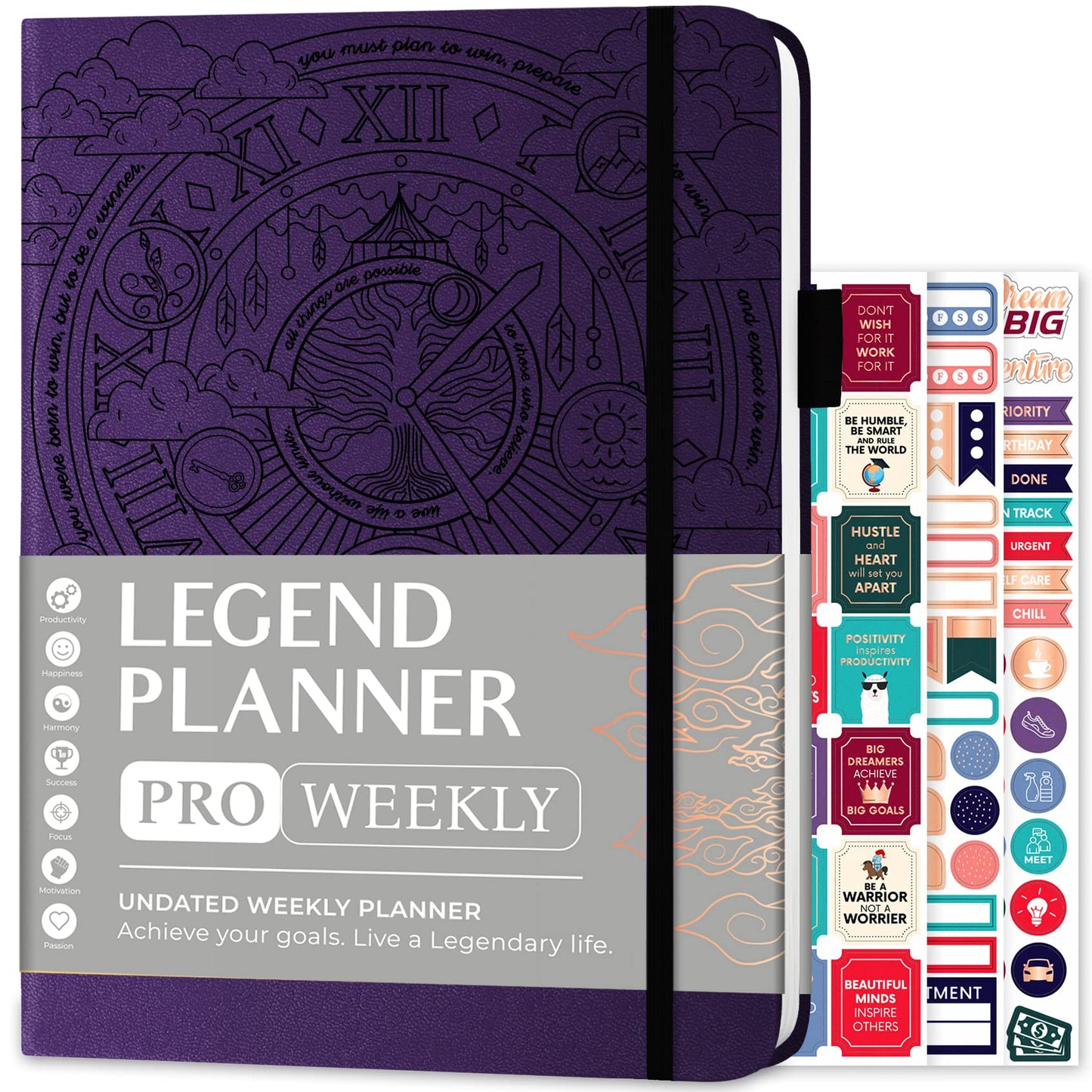 Legend Planner PRO – Deluxe Weekly & Monthly Life Planner to Increase Productivity and Hit Your Goals. Time Management Organizer Notebook – Undated – 7 x 10" Hardcover + Stickers – Dark Purple
