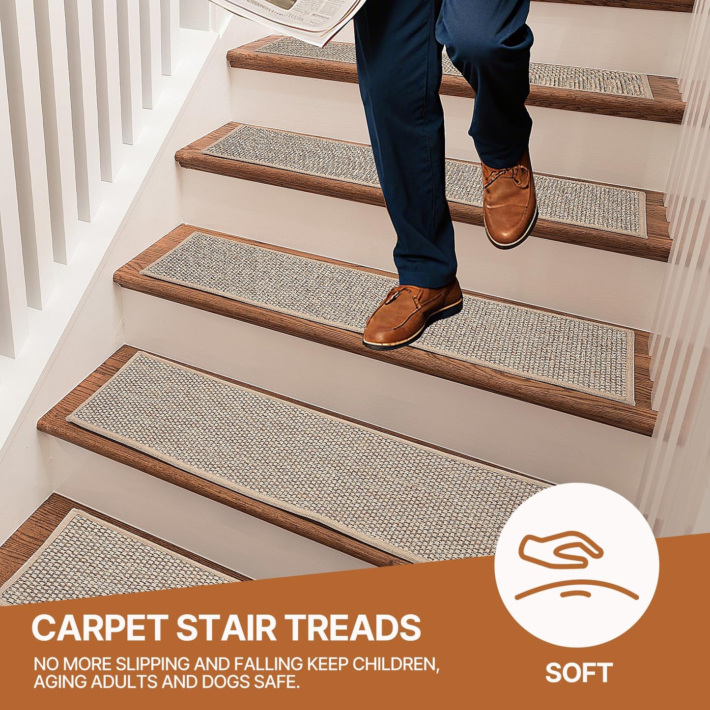 Stair Treads for Wooden Steps, 8" x 30" Linen Non Slip Stair Runner, Peel and Stick Carpet Stair Treads with Reusable Adhesive, Indoor Stair Rugs Covers Mats Pads for Kids Elders Dogs, Beige 15Pcs