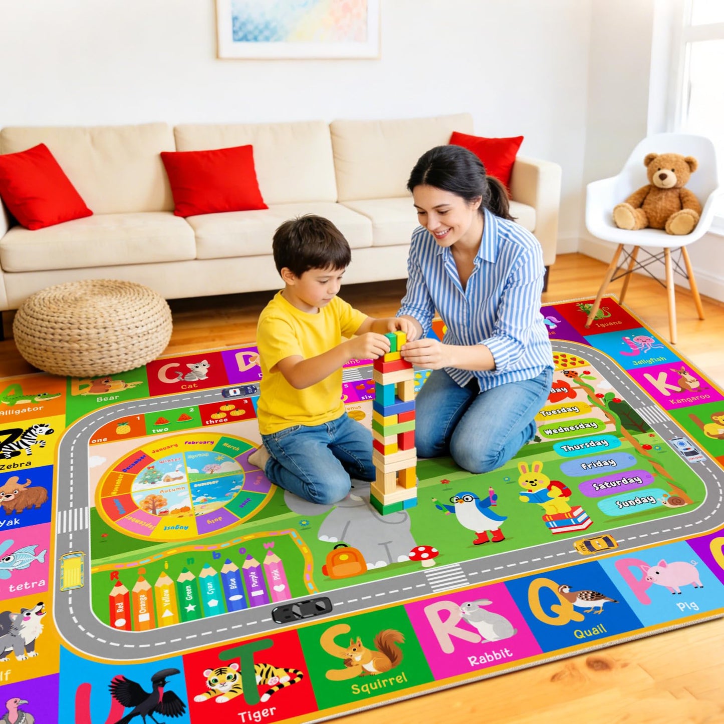 Pionblank Kids Rug for Playroom Classroom, 5x7 Area Rugs Playmat for Learning Animal Alphabet Fruit Numbers Color Season Month,Washable Non Slip Carpet for Toddler Nursery