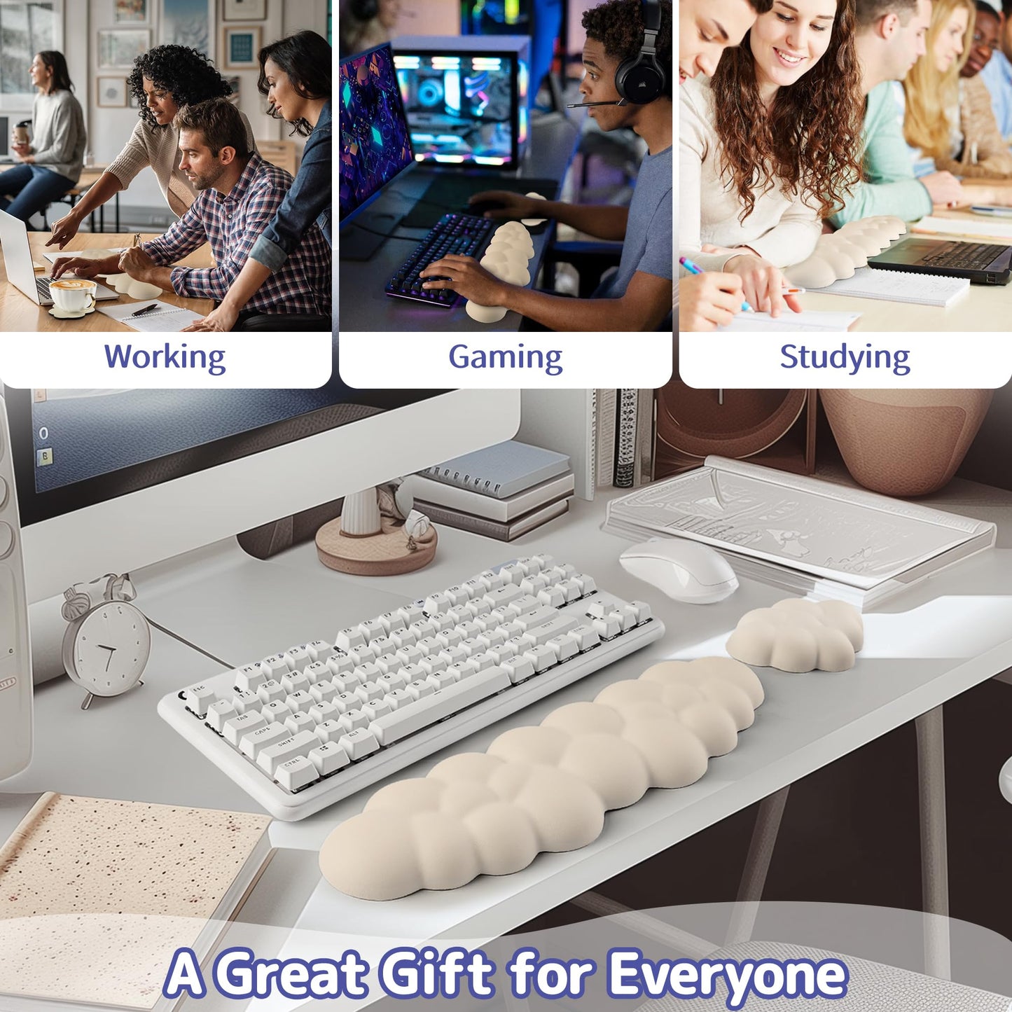 Sushret Cloud Wrist Rest Keyboard, Cloud Keyboard Wrist Pad Set with PU Leather Memory Foam, Cute Arm Rest for Palm Support, PC/Gaming Desk Accessories/Office Setup/Computer Hand Cushion - Beige