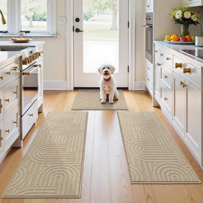 U'Artlines Kitchen Rugs and Mats Set of 3, Non Skid Washable Beige Geometric Kitchen Mats for Floor, Absorbent and Stain Resistant Floor Mat for Laundry, Sink Decor 20x32+20x48+20x59