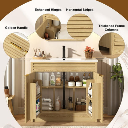 Squireewo 36 Inch Bathroom Vanity with Sink, Mid-Century Modern Bathroom Vanity with Storage Cabinet, Freestanding Bathroom Cabinet with Door Shelves and Faucet, Light Oak