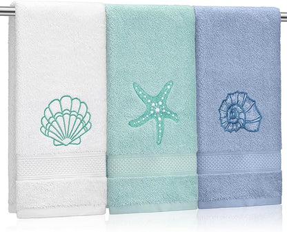 3 Pack Coastal Hand Towels for Bathroom 100% Cotton Embroidered Beach Bathroom