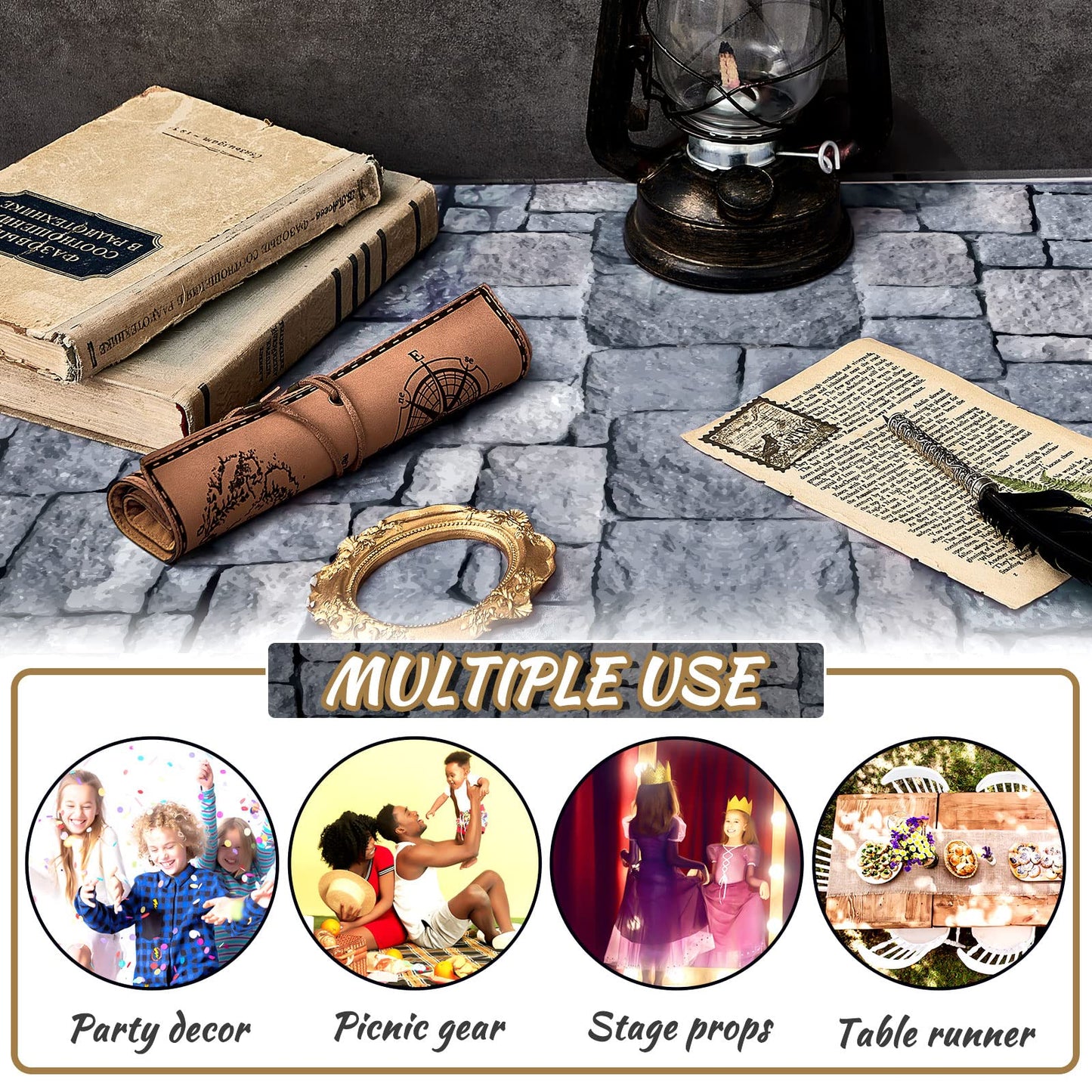 Fabbay 2 Pack 10ft Cobblestone Aisle Runners Medieval Party Decorations Polyester Brick Stone Printed Floor Runners for Medieval Castle Knight Themed Party Supplies Castle Table Cover