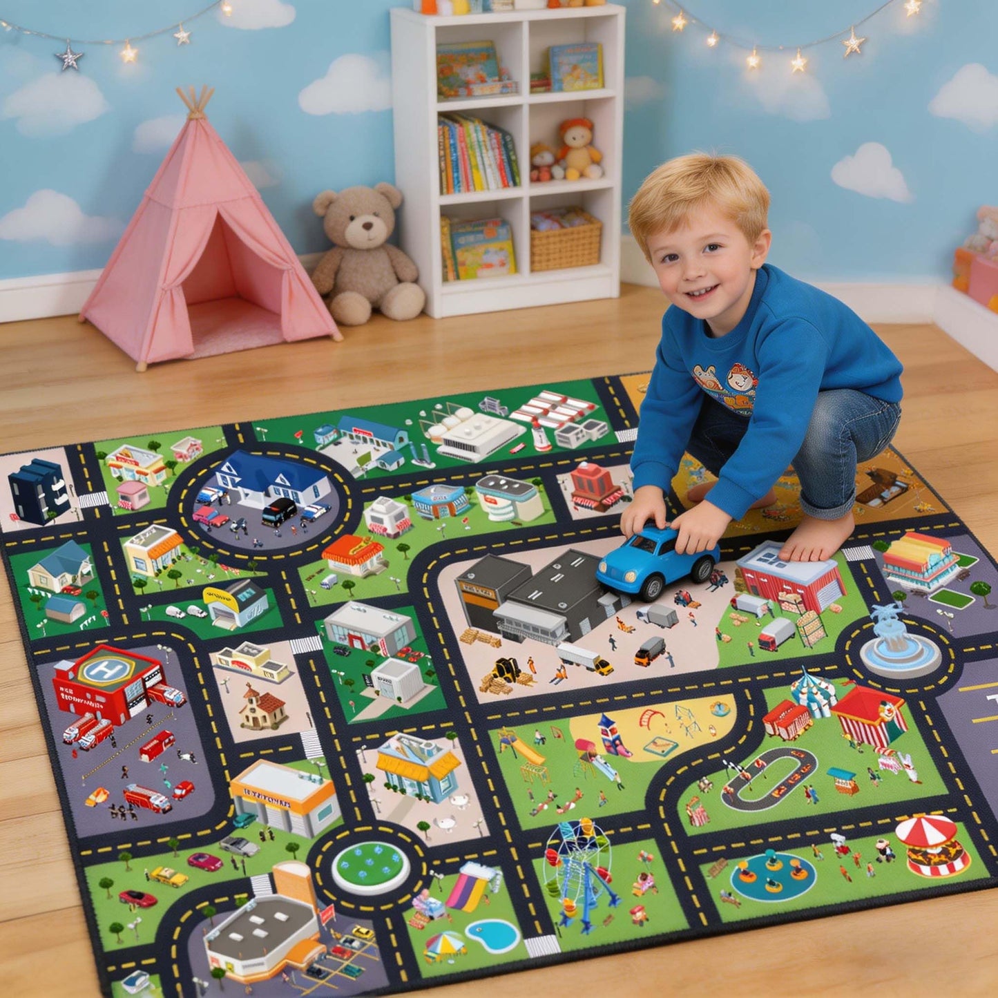 Pyrrhite Kids Rug Playroom Car Play Mat City Life Road Rug for Cars Fun City Map for Track Toys, Carpet for Bedroom Boys (City, 31×47in)