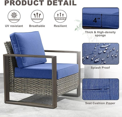 3 Piece Wicker Patio Furniture Set,Patio Bistro Set with 2 Rattan Armrest Chairs and 1 Side Table,Sturdy Frame,All-Weather PE Wicker,Wide Armrest,Deep Seating and Thick Cushions(Mixed Grey/Blue)