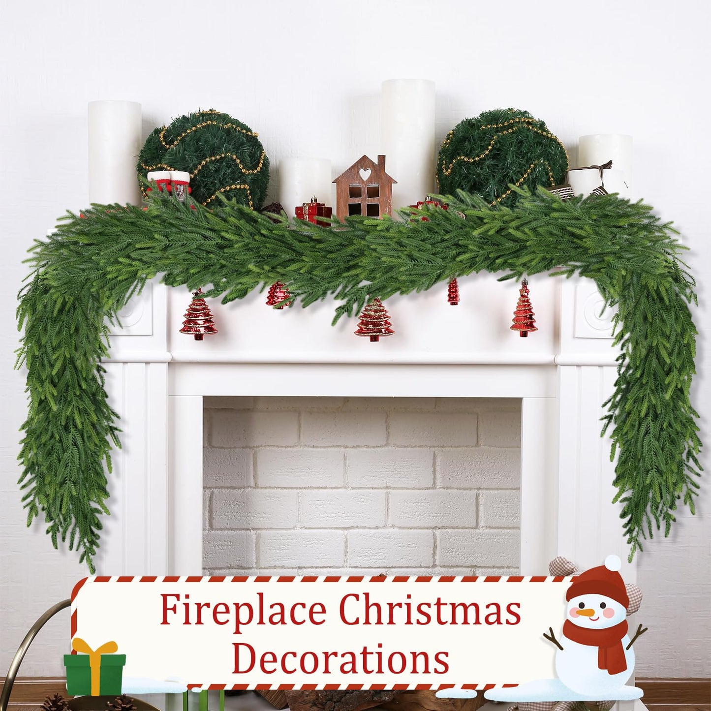 9Ft Christmas Garland for Staircase Railing Soft Bendable Real Touch Artificial Faux Evergreen Cedar Pine Mantle Garland for Fireplace Porch Table Home Yard Christmas Indoor Outdoor Decor(Real Pine)