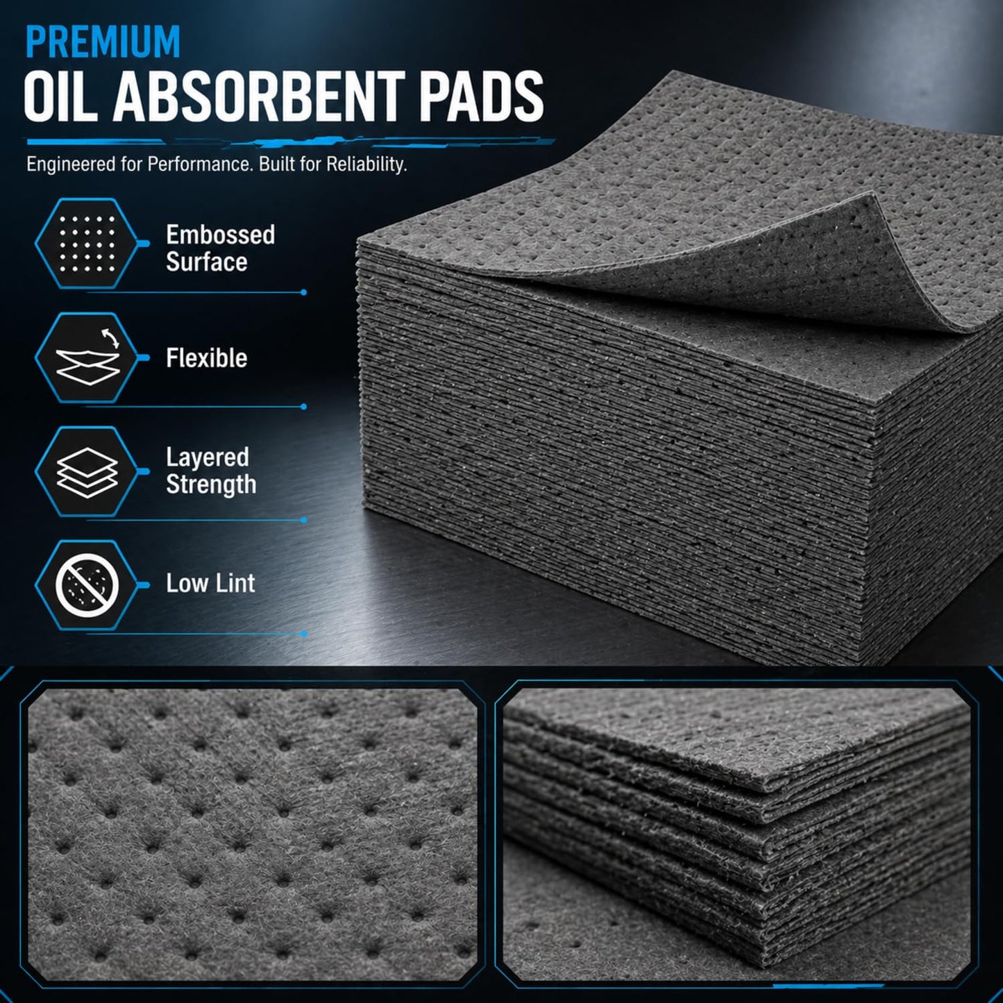 Hoolerry 100 Pcs Oil Absorbent Pads Bulk Heavy Weight Dimpled Garage Absorbing Pad Water Absorbent Mat Trimmable Oil Spill Mat for Garage Floor Workshop Auto Fluid Cleanup (9.8 x 13 Inch,Gray)
