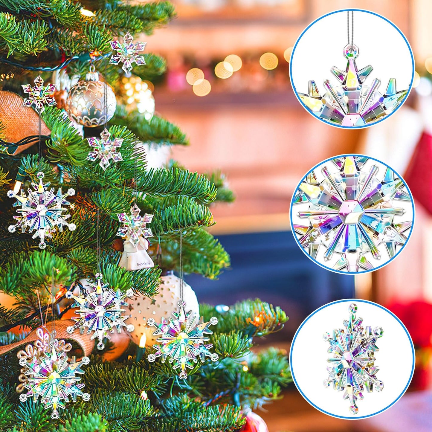 BOARDFEB 60Pcs Christmas Acrylic Snowflake Ornaments Winter 3D Translucent Snowflake Hanging Ornaments for Tree Crystal Iridescent Pendants with Rope for Holiday Party DIY Decor (Laser)