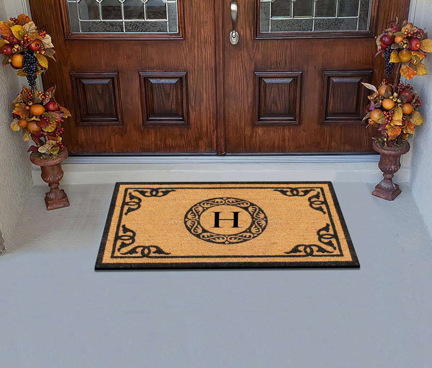 A1HC Natural Coir Monogrammed Doormat for Outside Entrance, Anti-Shed Treated Mats, Heavy Duty Durable EntryMat, Easy to Clean Front Door Mat - H, 24" X 39"