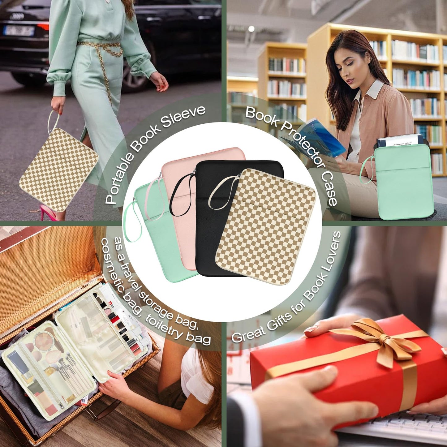QRZIQRZ Black Book Sleeve Kindle Pouch, Book Protector Case with Zipper, PU Leather Waterproof Book Cover Bag, Portable Book Pouch for Book Lovers Gifts Paperbacks Bibles Hardcover