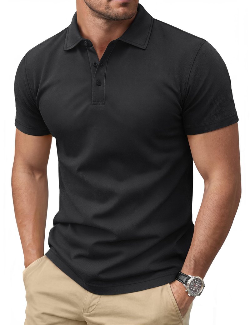 Cotrasen Men's Polo Shirts Short Sleeve Cotton Pique T-Shirts 3 Buttons Classic Fit Casual Lightweight Cooling Performance Golf Shirts Black L