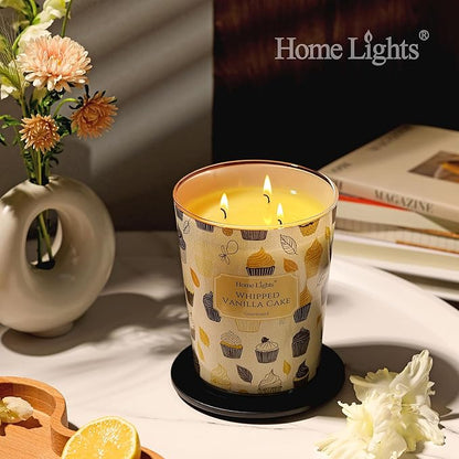 HomeLights Soy Wax Candles for Home Scented, 3-Wick Candles in Whipped Vanilla Cake Scented, Rustic Modern Aromatherapy Candles Gift for Parties, Relaxing, 34oz