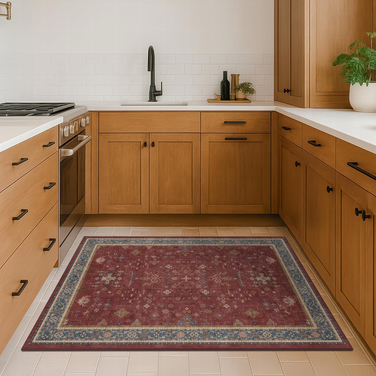 Washable 3x5 Entry Way Rugs Indoor - Burgundy Large Kitchen Rug, Non Slip Unique Bohemian Red Low Pile Thin Carpet for Bedroom Bedside, Foyer