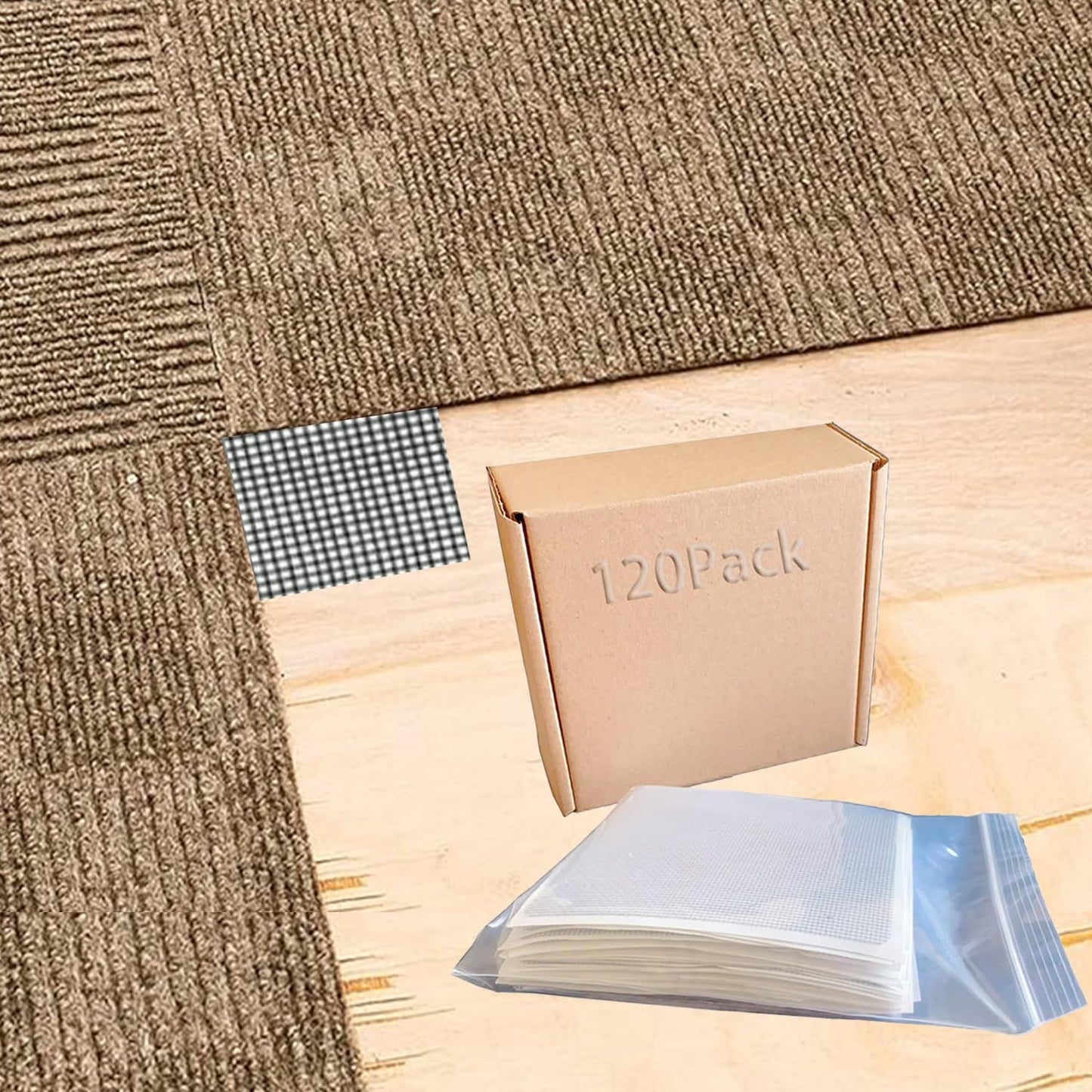 Carpet Tile Tape, 4" x 4"Carpet Tile Adhesive Connectors Carpet Square adhesives that Creates a Floating Floor 120 tabs per Pack