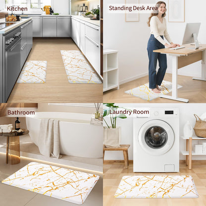 UKISS marbling Kitchen Rugs, Cushioned Kitchen Mats, Anti Fatigue Mat for Floor, Waterproof Kitchen Rug，Non-Slip Comfort Standing Mat for Kitchen&Office (White, 17.3 x 28 inches+17.3 x 47inches)