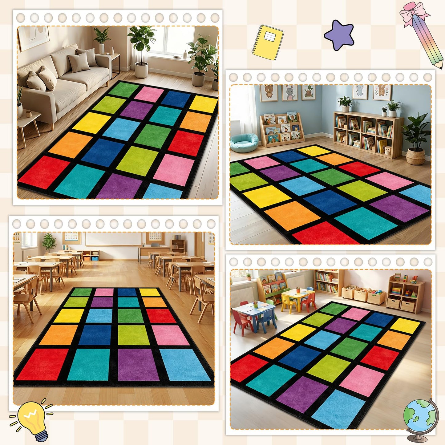 5x7.6 ft Rainbow Color Squares Classroom Rug Happy Squares Educational Area Mat Rainbow Themed Colorful Play Carpet Back to School Learning Mat for Elementary Preschool Nursery(Rainbow Color)