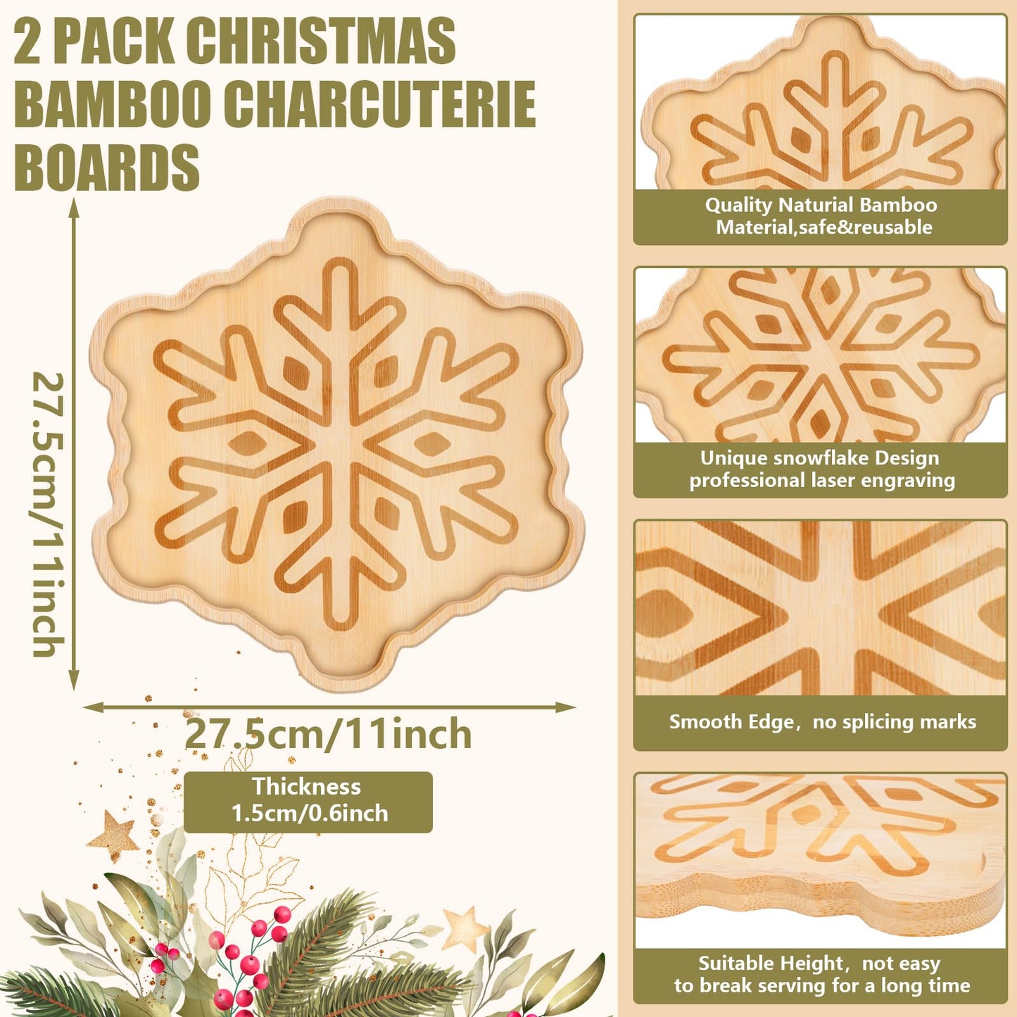 Whaline 2Pcs Winter Charcuterie Board Snowflake Serving Trays Wood Appetizer Boards Christmas Snacks Serving Platters for Home Party Food Supplies, 11 x 11 x 0.6 In