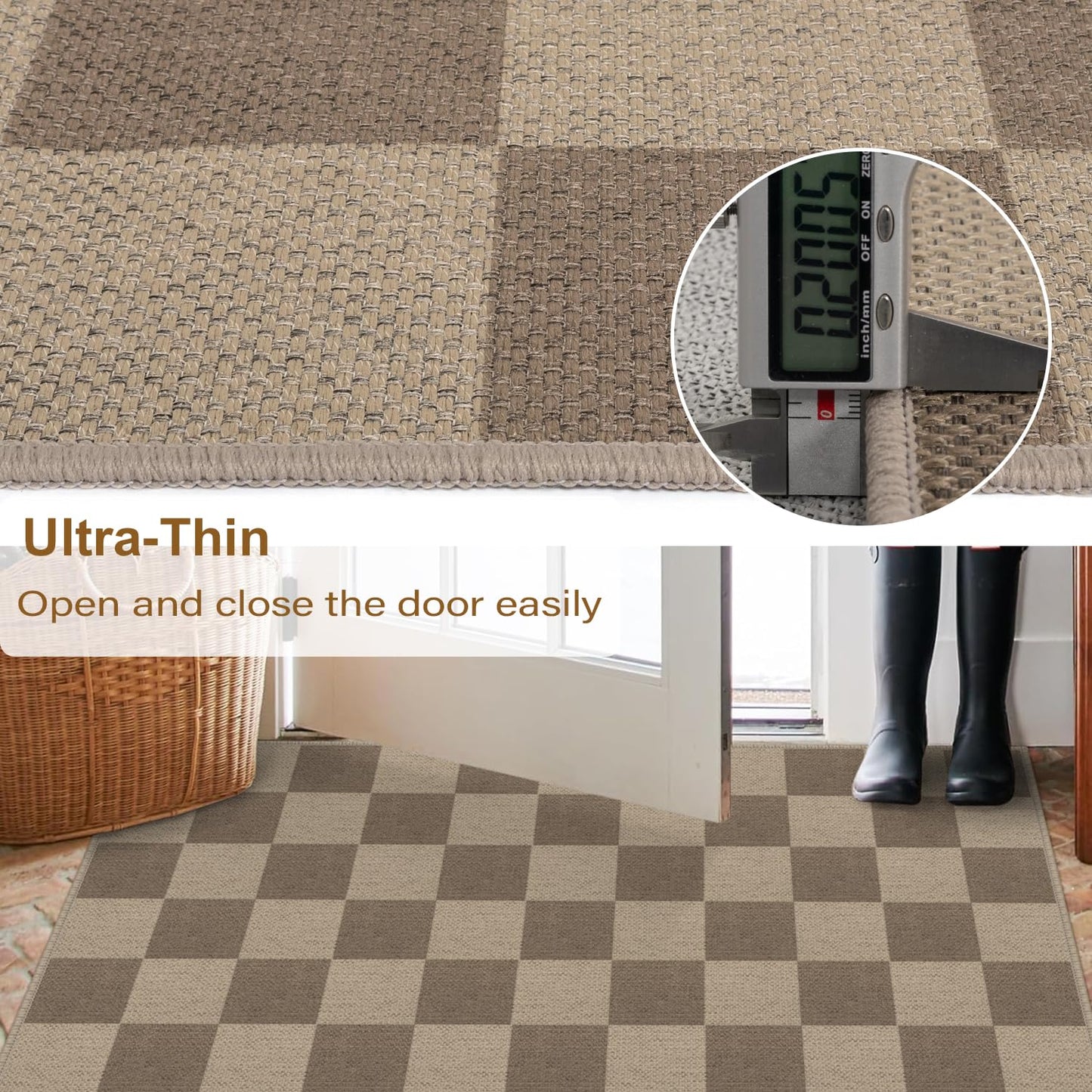 Rugalia Easy Jute Checkered Entryway Rug, 2.6x4 Brown Modern Indoor Outdoor Doormat, Washable Non-Slip Neutral Kitchen Rug Farmhouse Checkerboard Throw Rugs for Entrance Bedroom Bathroom