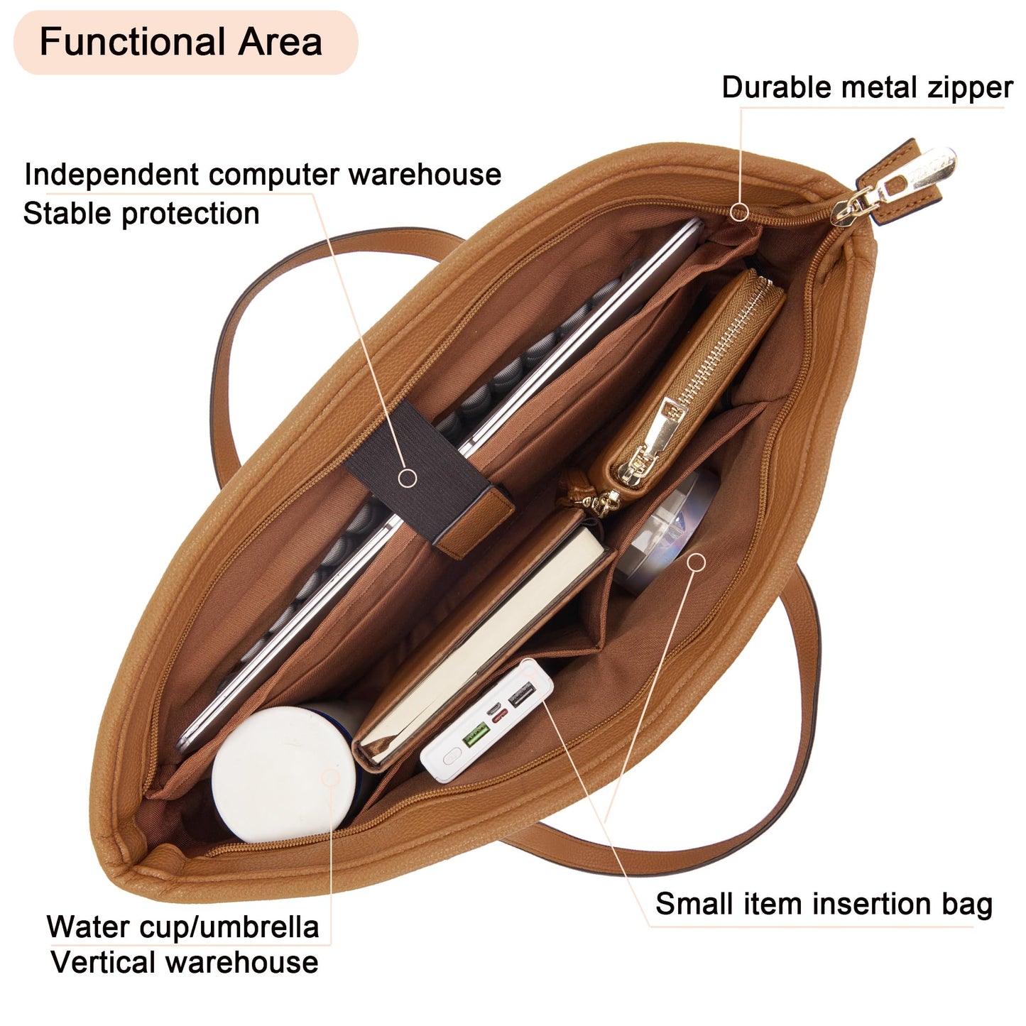 YZAOLL 15.6 Inch Laptop Tote Bag for Women,Water-resistant Vegan Leather with Anti-Scratch Padded Sleeve,Lightweight Multi-Pocket Work Bag for Business Travel,College,Office Essentials,Brown