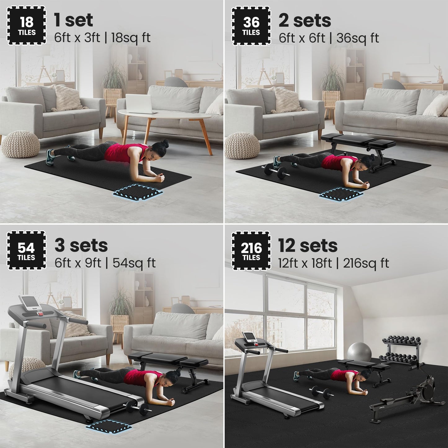 bemaxx Gym Mats Set - 18 pcs EVA Interlocking Foam Floor Tiles (12.6"x12.6"x0.4") 18sqft Protective Gym Flooring Sports Home Workout Exercise Mats Puzzle Garage Fitness Play-Room Pool Treadmill Bike