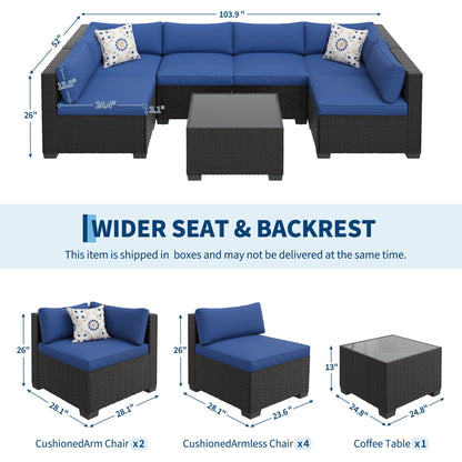 GarveeHome 7-Piece Modular Outdoor Patio Set, Sectional Rattan Wicker Sofa with Water-Resistant & Washable Thick Blue Cushions, Includes Coffee Table, Black Frame for Garden, Deck, Poolside