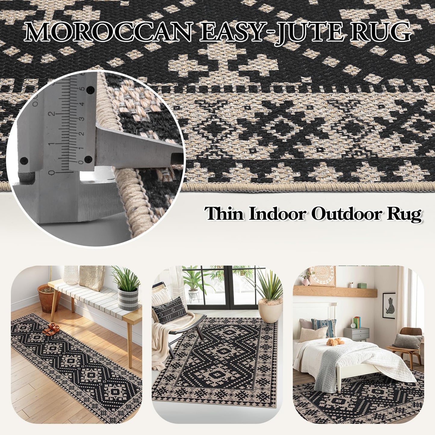 Lahome Bijou Moroccan Easy Jute Outdoor Runner Rug, 2x8 Washable Black Hallway Kitchen Runner Rug with Rubber Backing, Farmhouse Indoor Outdoor Carpet for Hallway 8ft Entryway Porch