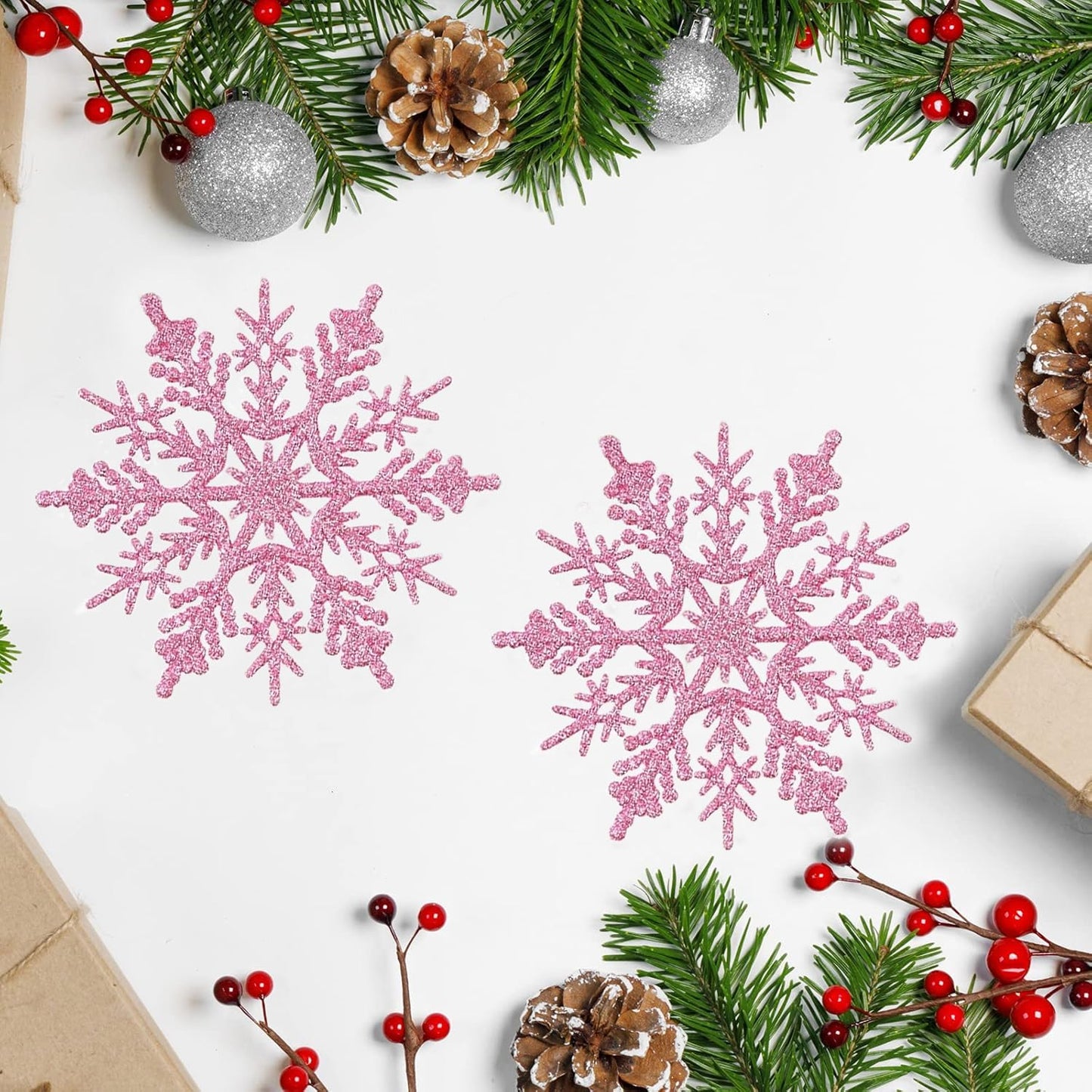Luxtea 4''/10cm Sparkling Glittered Plastic Snowflake Ornaments Christmas Tree Decorations(30ct, Pink)
