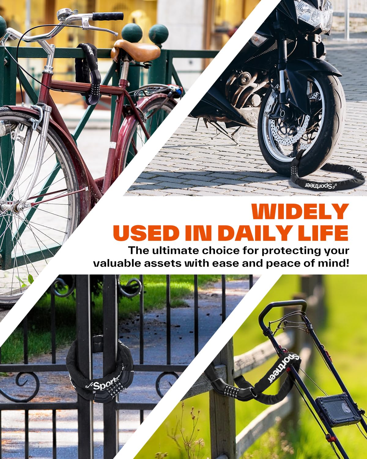 Sportneer Bike Chain Lock: 5-Digit Resettable Combination Heavy Duty Anti-Theft Square Link 3.2ft Bicycle Lock for Bike, Motorcycle, Scooter, Door & Gate - 6mm Thick, Easy to Use