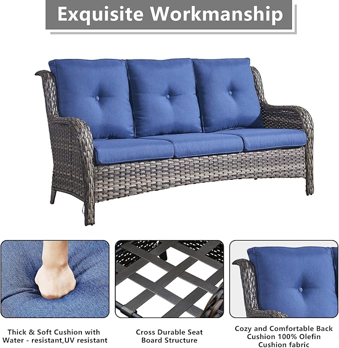 Rilyson Wicker Patio Furniture Set - 6 Piece Rattan Outdoor Sectional Conversation Sets with 2 Rocking Swivel Chairs,2 Ottomans,1 Sofa and 1 Loveseat for Porch Deck Garden(Mixed Grey/Blue)