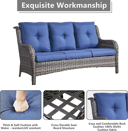 Rilyson Wicker Patio Furniture Set - 7 Piece Rattan Outdoor Sectional Conversation Sets with 2 Rocking Swivel Chairs,2 Ottomans,2 Sofa and 1 Coffee Table for Porch Deck Garden(Mixed Grey/Blue)