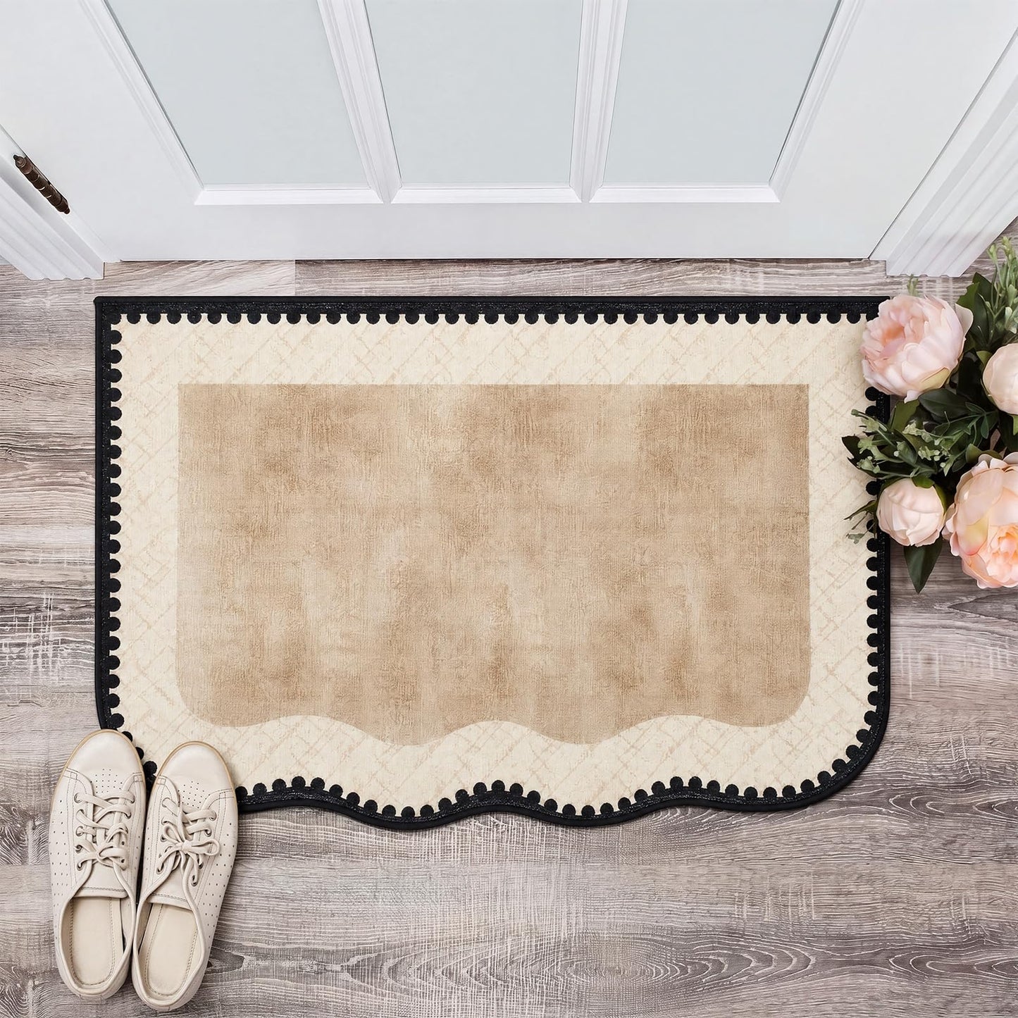 Breling Khaki Entryway Rug 2 x 3 ft Large Scalloped Welcome Mat Non Slip Washable Doormat Front Door Throw Rug for Farmhouse Indoor Kitchen Laundry Porch Bathroom Decor