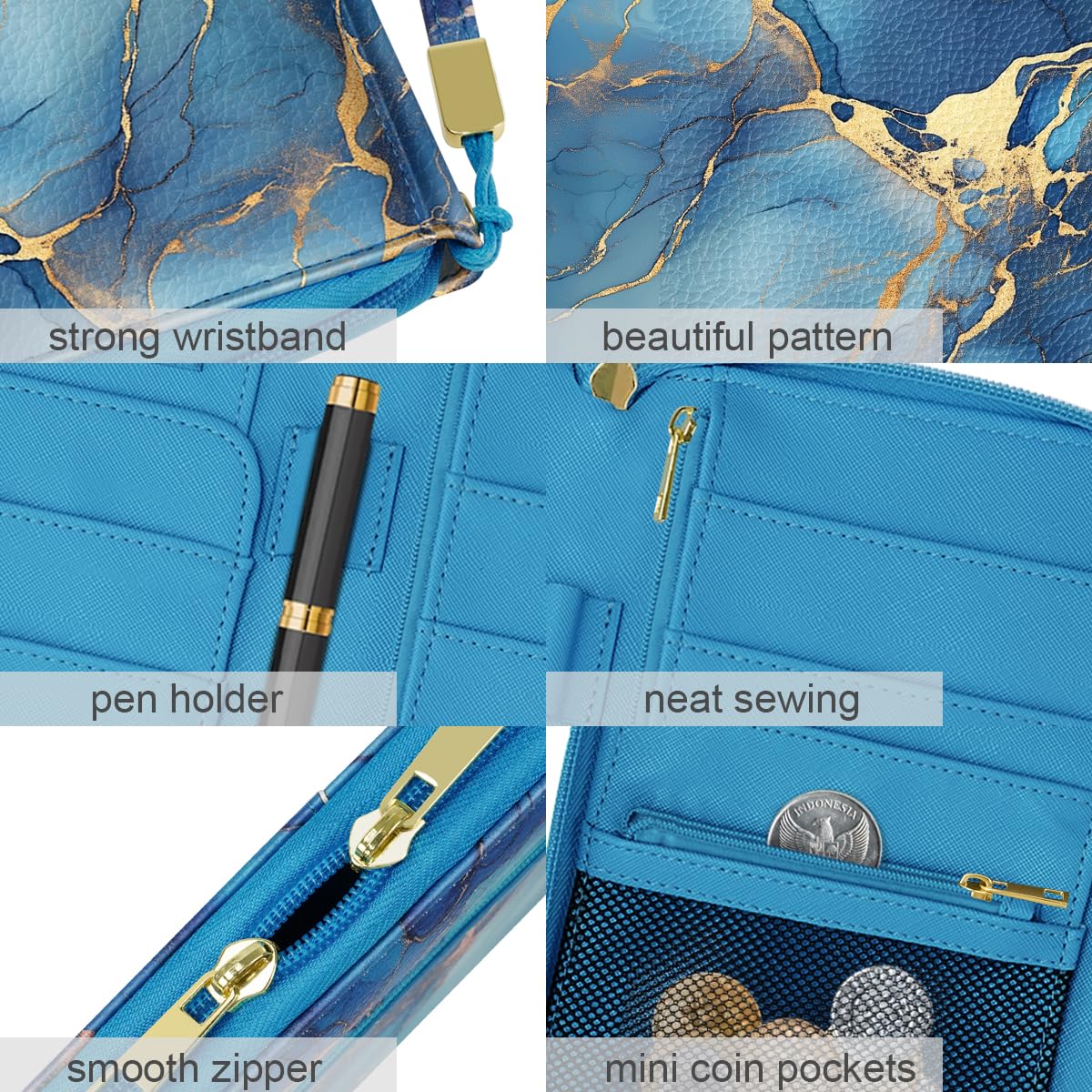 Simikol Family Passport Holder Wallet RFID Blocking Document Organizer PU Leather Mulit-purpose Travel Wallet Credit Cards Case for Women Men, Blue Marble