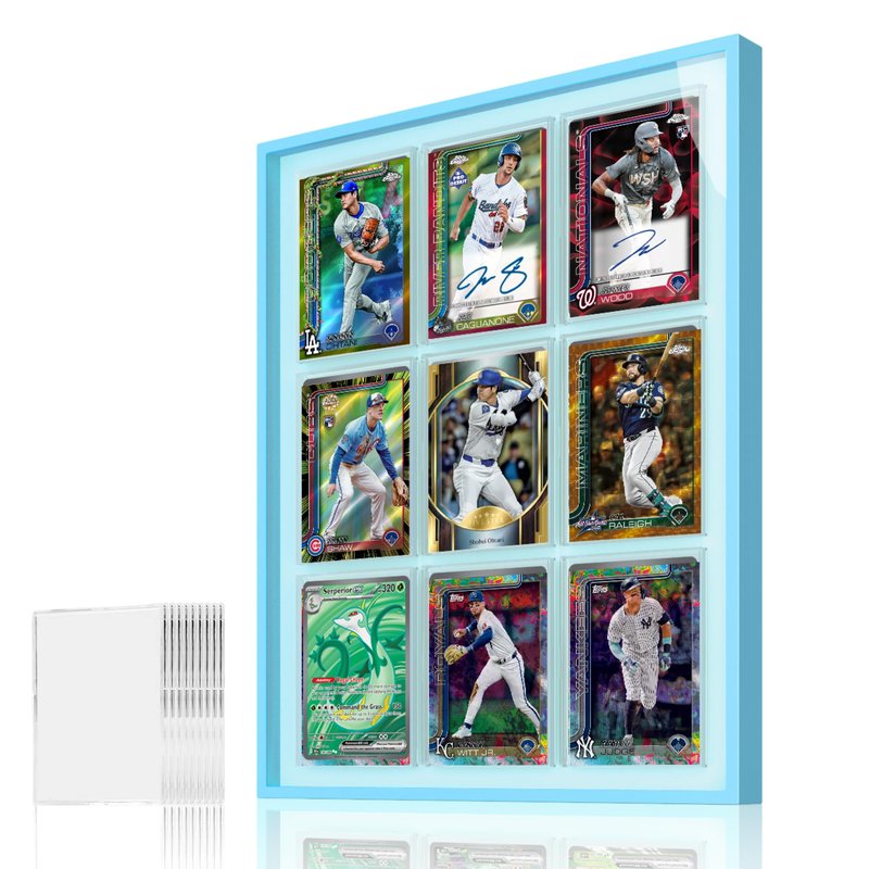 Glacier Blue 9-Card Display Case, Seamless Aluminum Frame with Tempered Glass for Graded Cards, Baseball Football Basketball Sports Card & TCG, Wall Mount Trading Card Frame, Includes 9 Shell Holders