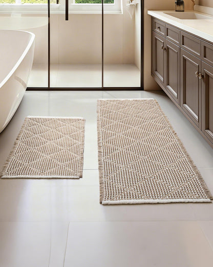 Furicher Waffle Bath Mat Set, Non Slip Bathroom Rugs Sets 2 Piece, Ultra Absorbent Long Bath Rug Runner for Bathroom Boho Chic Decor, Machine Washable Floor Mats, Brown & White, 20"×47" Plus 18"×30"
