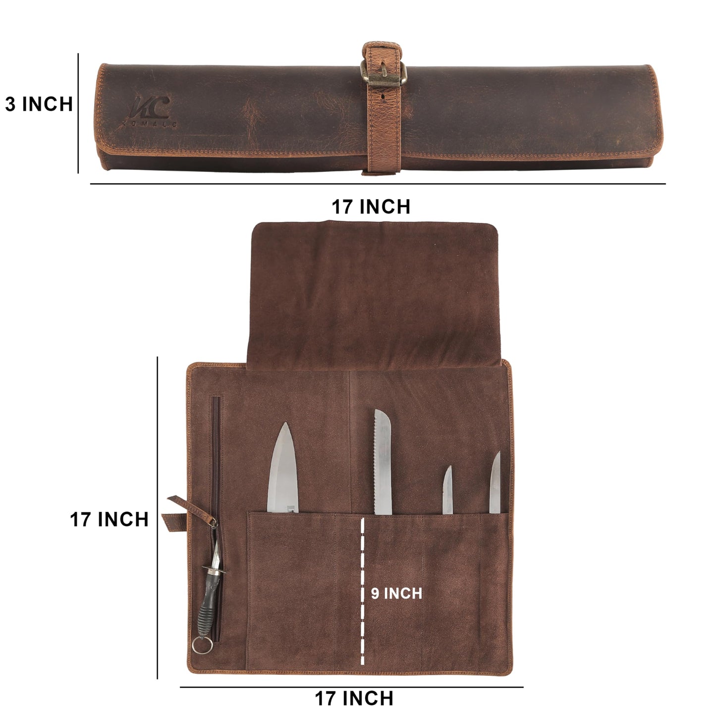 Leather Knife Roll Bag for Chefs – 17.5” x 17.5” Professional Chef Knife Storage Organizer, Portable Culinary Knife Case, Travel Knife Roll for Kitchen, BBQ & Catering