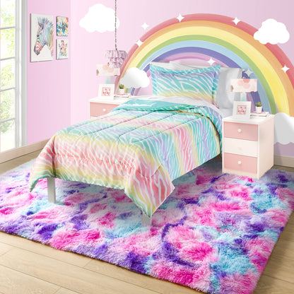 3x5 Tie-Dyed Pink Purple Blue Area Rug for Kids Entryway Kitchen, Fluffy Shag Soft Plush Furry Carpet, Non-Slip Indoor Floor Mat for Bathroom Living Room Bedroom Home Decor