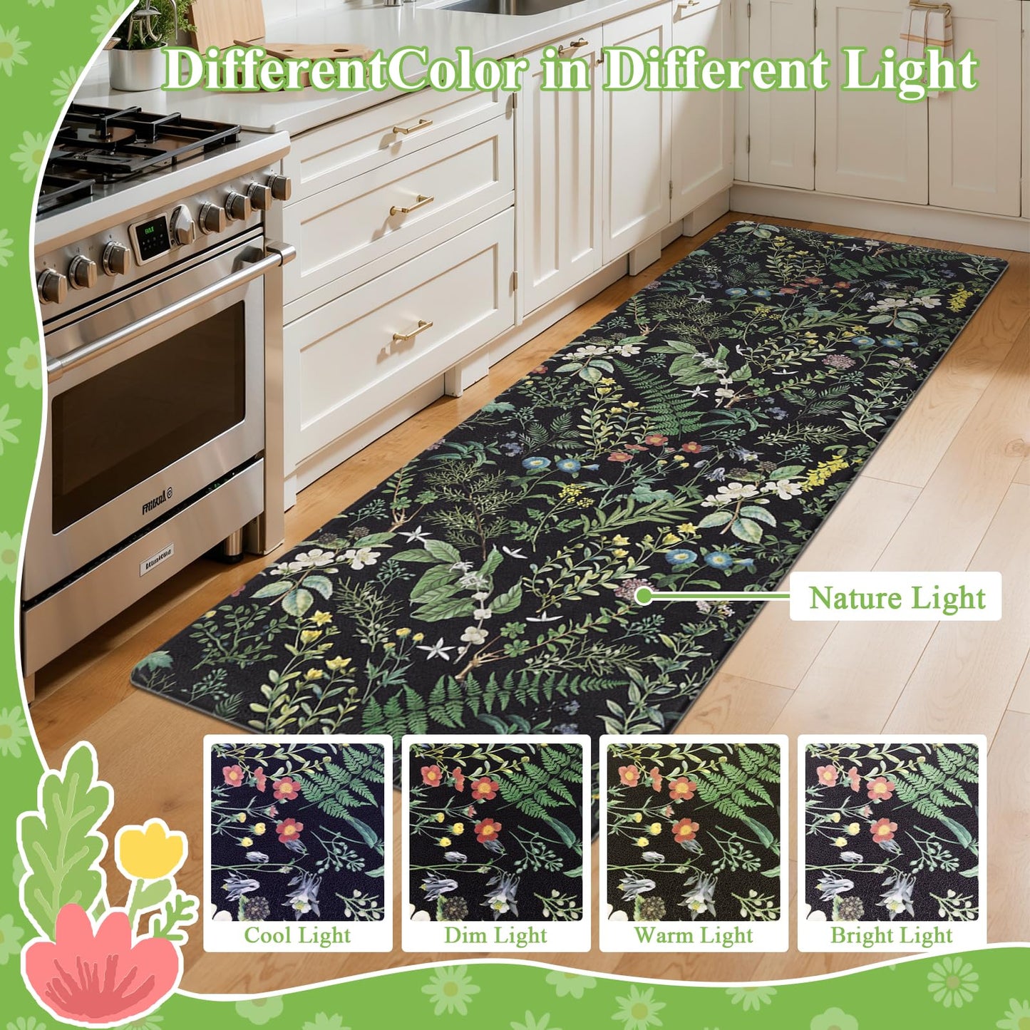 SHACOS Botanical Kitchen Rugs Set of 2, 17x27.5+17x47 inch