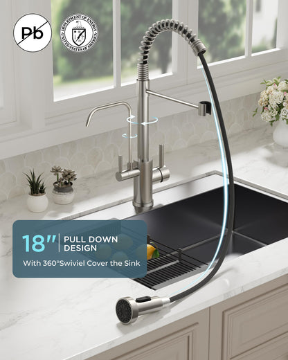 FORIOUS Kitchen Faucet with Purfied Water Filter, 2 in 1 Commercial Stainless Steel Pull Down Sink Faucet and Drinking Water Faucet 2 Handle for Pot Filler Kitchen Sink Farmhouse Bar, Brushed Nickel