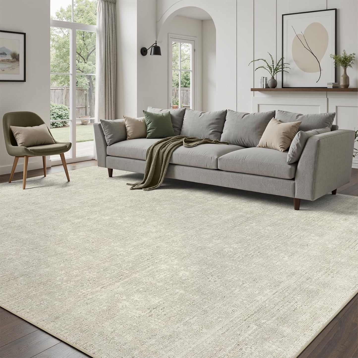 DCX 8x10 Beige Rug, Kid & Pet Friendly with Rubber Back Non Slip, Machine Washable Stain Resistant Neutral Floral Rug for Living Room, Bedroom, Home Office, Soft Low Pile Large Nursery Carpet