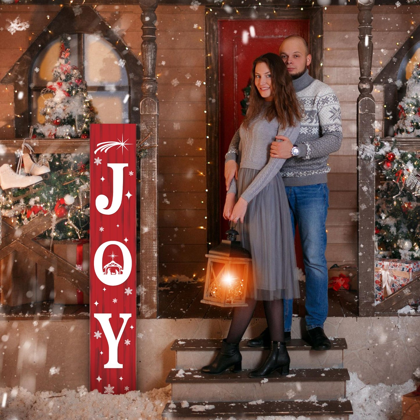 Christmas Porch Sign JOY 47" Winter Large Welcome Porch Sign Xmas Decor for Home Front Door Farm Yard Party Decor (Red)