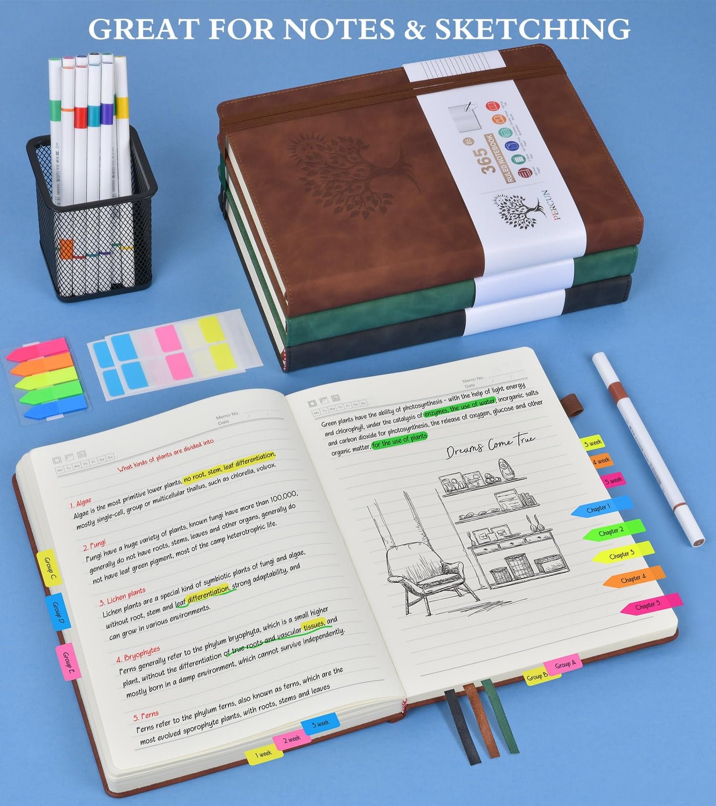 A5 Lined Journal Notebook - 365 Page Leather Journals for Writing Women & Men，Hardcover Notebook with 100Gsm Thick Pages，Daily Diary for Travel, Work，School，Note Taking，College Ruled (5.9" x 8.5")