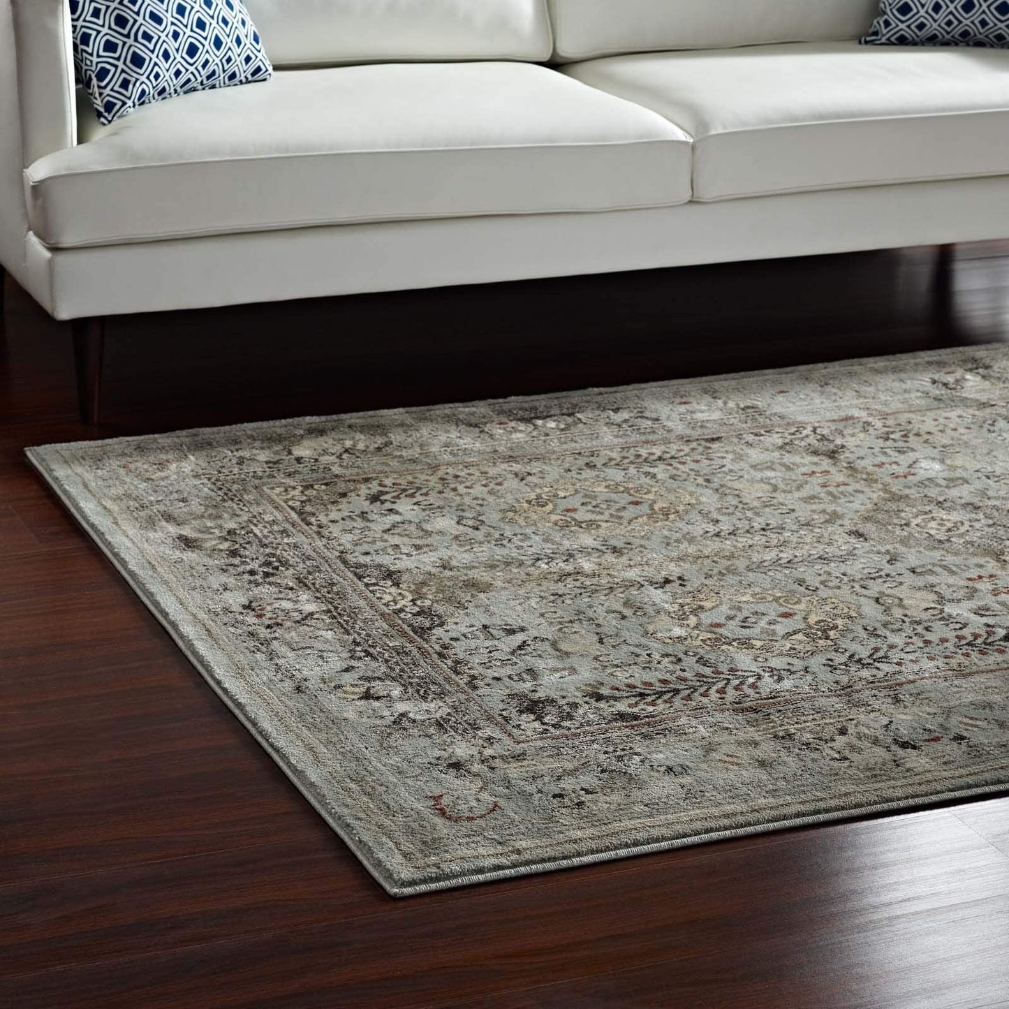 Modway Enye Distressed Vintage Floral Lattice 8x10 Area Rug in Brown and Silver Blue