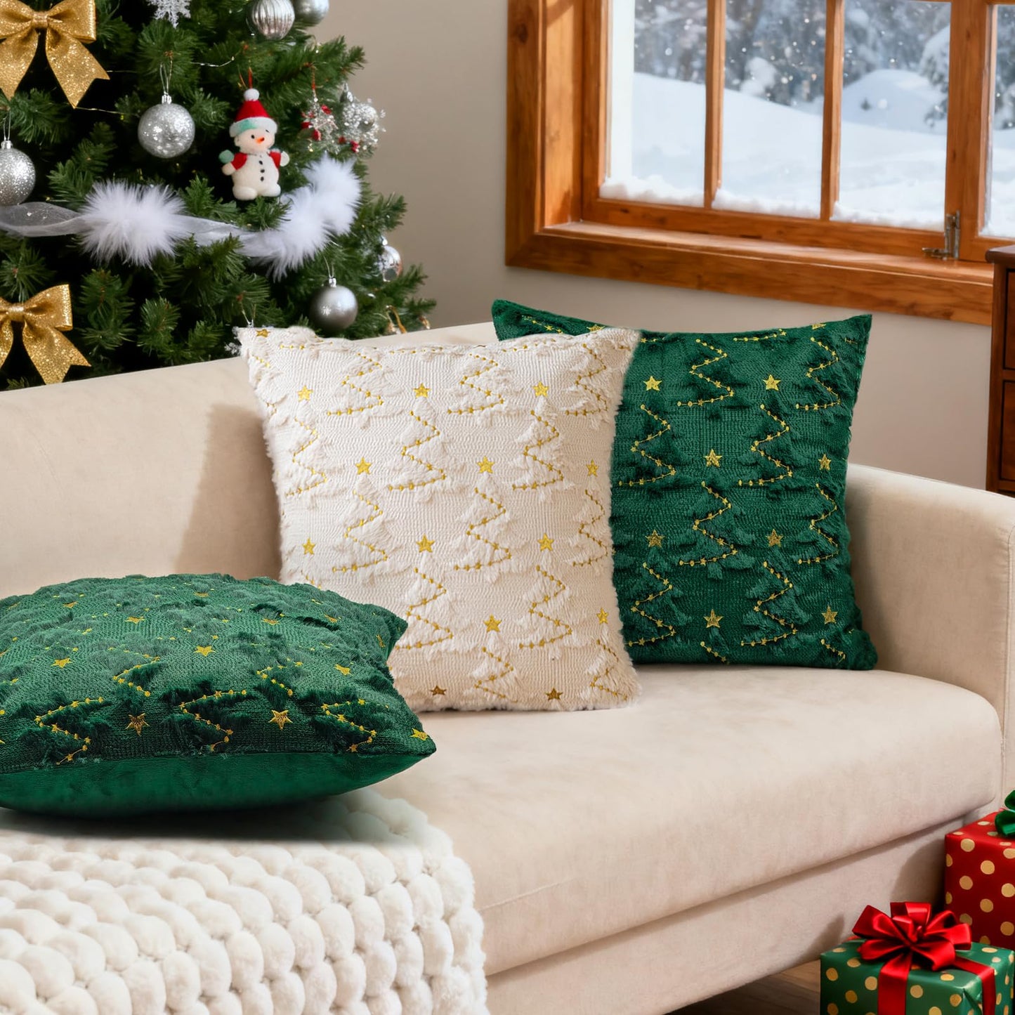 YIOTJUNL Christmas Pillow Covers 18x18 Set of 2 Soft Plush Embroidered Cushion Covers Decorative Gold Star Beige Christmas Tree Throw Pillow Cases Decorations for Winter Holiday Sofa Home Decor