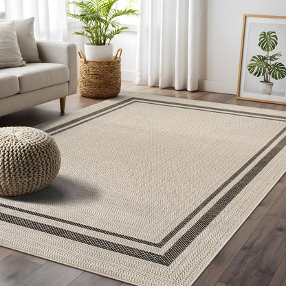 Beverly Rug Easy Jute Bordered Rug 10x14 Washable Large Indoor Outdoor Area Rugs for Living Dining Room Patio Office Stain Resistant Non Shedding Casual Indoor Outside Carpet 10 x 14 Off-White