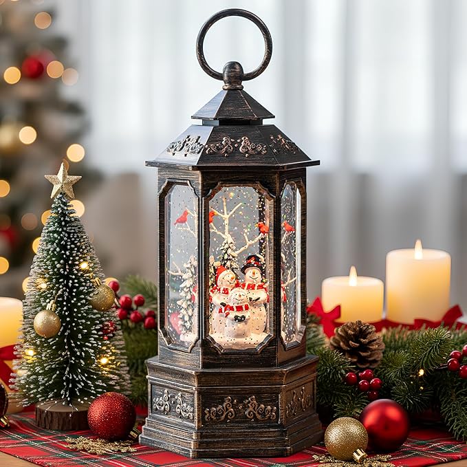 Christmas Snow Globe Swirling Glittering Snowman Choir & Cardinal with Music & Timer, USB Lined/Battery Operated Lighted Water Lantern for Christmas Festival Decoration Gifts