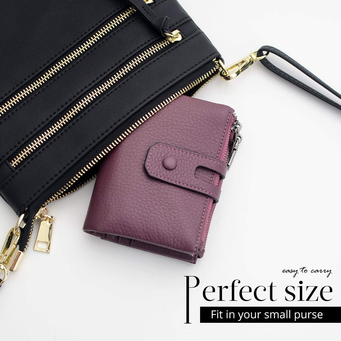 Bveyzi Small Soft Leather Wallet for Women RFID Blocking Ladies Card Holder with Double Zipper Pocket (Deep Plum)