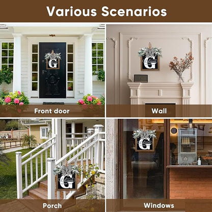 Ultra Large 14'' Last Name All Year Round Front Door Wreath with 26 Initial Letter Welcome Sign All Seasons Eucalyptus Garland and Bow Wreaths for Front Door Porch Farmhouse Decoration (G)