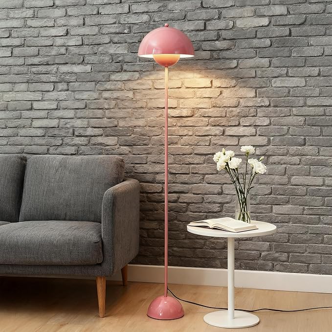 SUNLLOK Flower Pot Floor Lamp for Living Room, Metal Dome Lampshade Standing Floor Lamp with Foot Switch, Modern Reading Floor Light Fixture for Kitchen Island, Bedroom, Restaurant (Pink)
