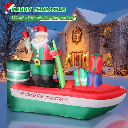 8FT Christmas Inflatables Santa Claus Fishing on a Boat with Colorful Gift Boxes, Giant Blow Up Santa Outdoor Decorations with Built-in Lights for Yard Lawn Garden Xmas Party Holiday Decor